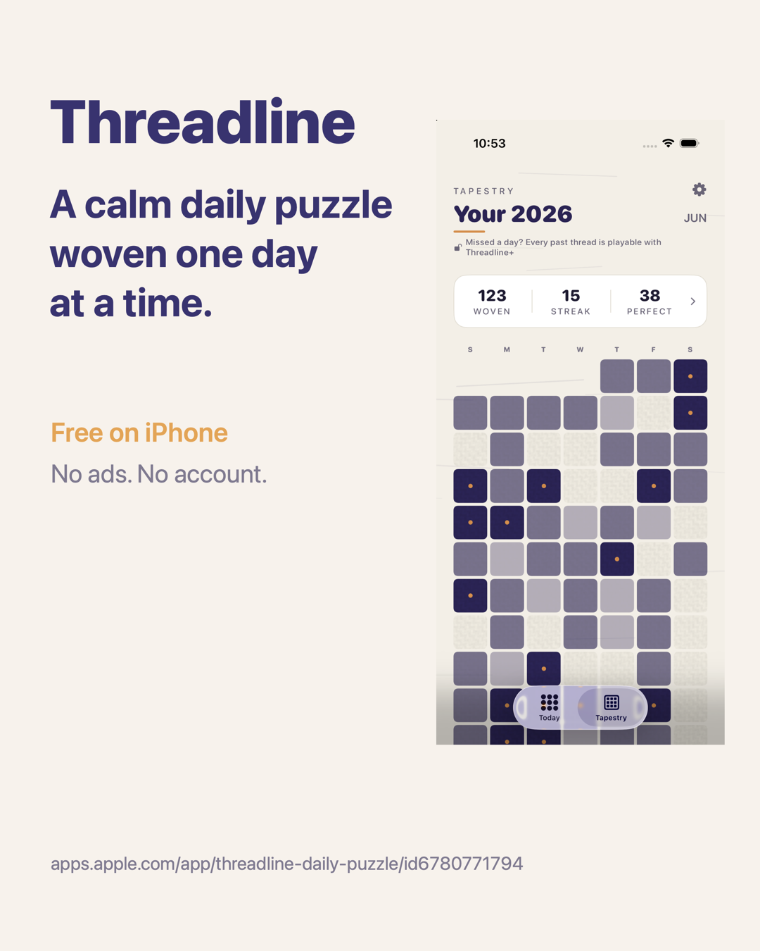 Threadline launch card showing the yearly tapestry.